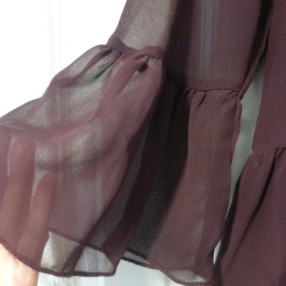 LE CHATEAU burgundy semi-sheer ruffle chiffon v-neck 3/4 sleeve blouse - Picture 4 of 9